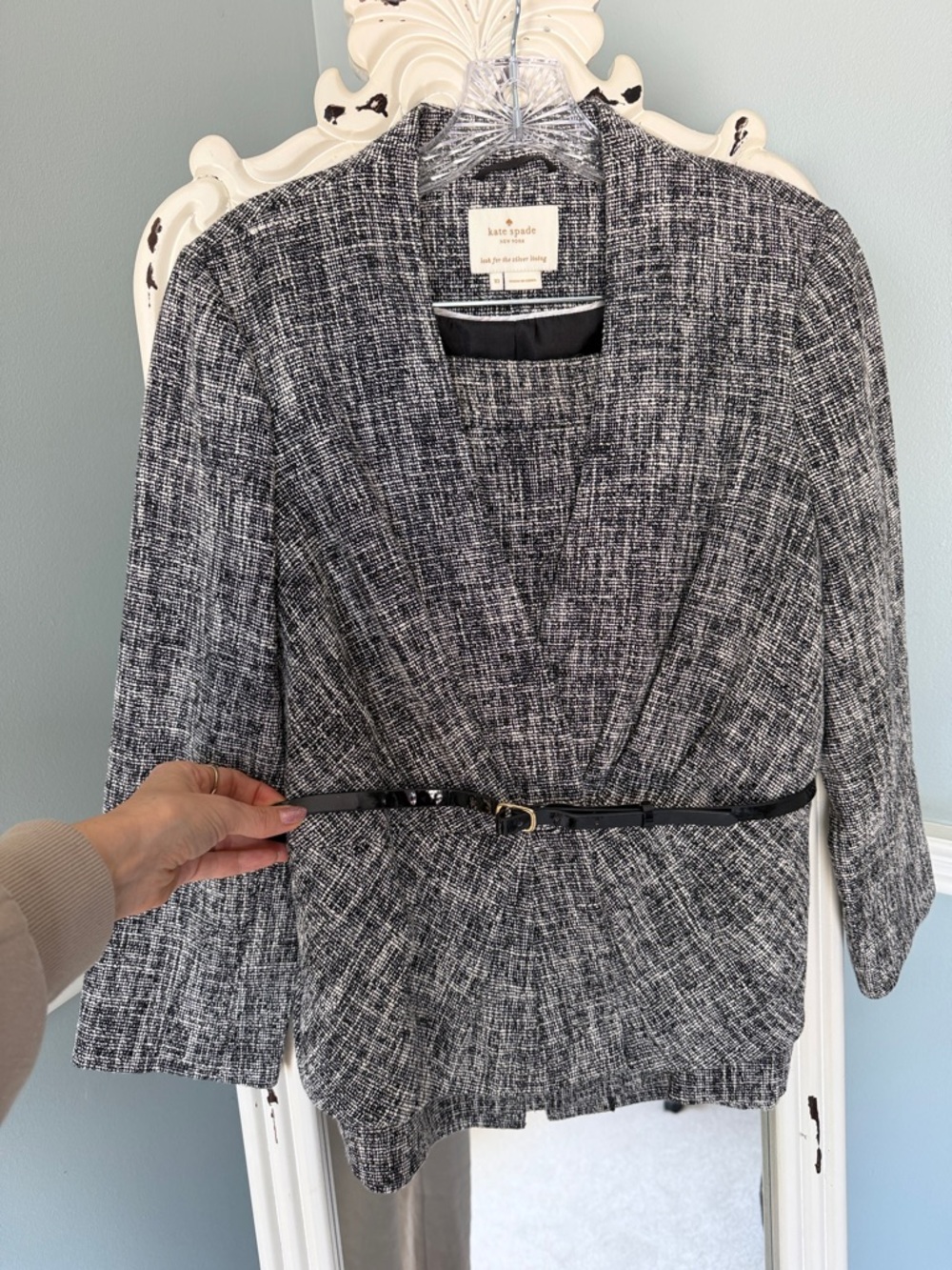 kate spade Black & White Tweed belted blazer and matching pencil skirt